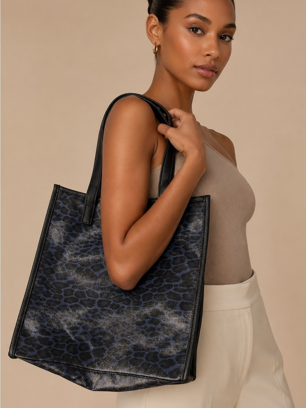 Black Gray Leopard Print Tote Bag Structured Shoulder Bag Chic Work Everyday